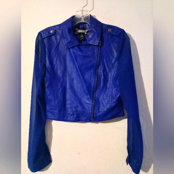 Cropped MOTO Style Jacket w Sheer Sleeves sz. M Blue‎ Faux Leather - Picture 5 of 15